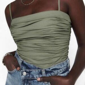 Reformation Olive Green Ruched Strapless Tank